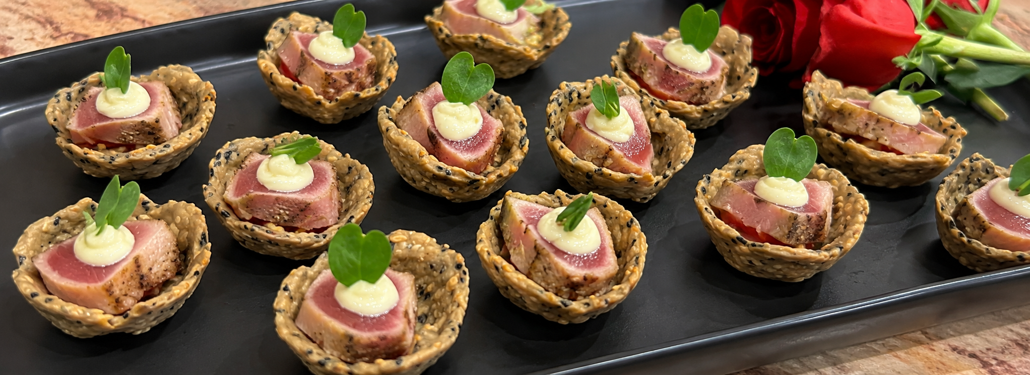 Passed hors d'oeuvres for wedding reception food stations