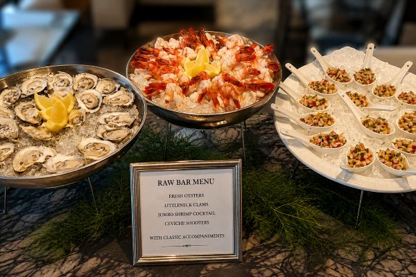 Raw bar display with fresh oysters, shrimp cocktail and ceviche